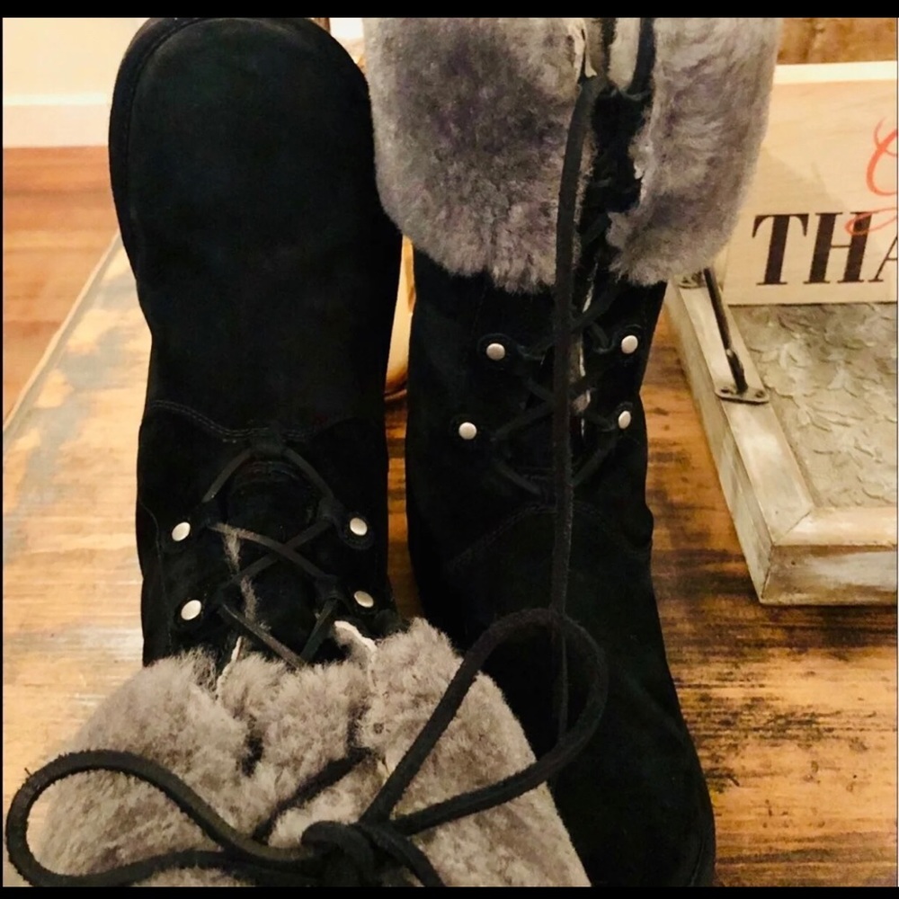 EXCELLENT UGG MONTCLAIR BLACK/GREY LACE UP BOOTS 8